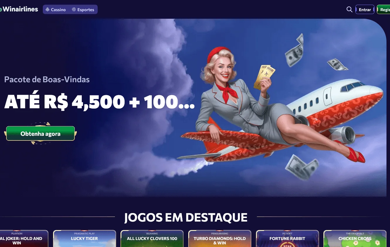 Winairlines Casino desktop home interface with casino offers and game access