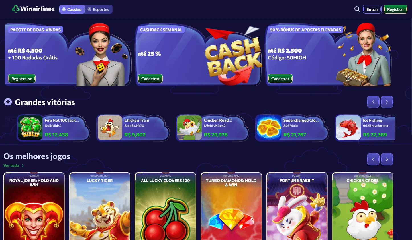 Winairlines Casino desktop games area with slot and live casino categories