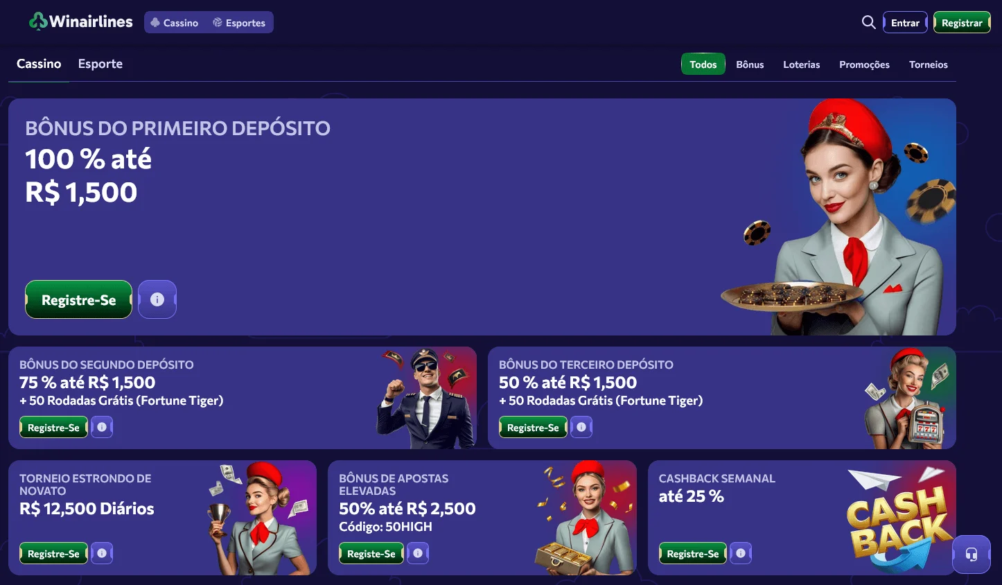 Winairlines Casino promotions area showing welcome and ongoing casino offers