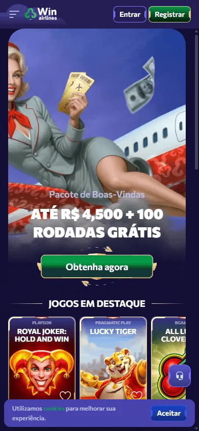 Winairlines Casino mobile home interface for accessing casino games and offers